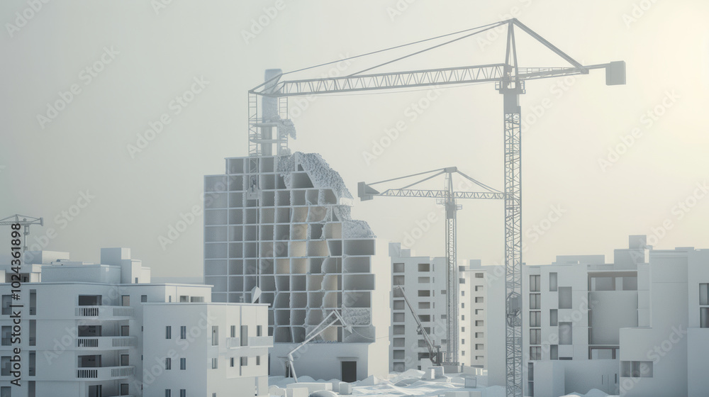 Poster image depicts construction site with cranes and partially demolished building, showcasing urban envi