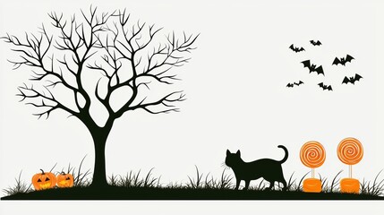 Spooky Halloween Scene with Cat and Pumpkins