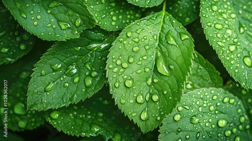 Poster close up of water droplets on a gradient of leaves following rainfall stunning natural background wi