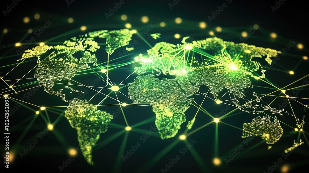 Poster a digital interface with green ai symbols and global connections, representing the role of ai in bui