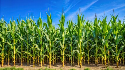 Obraz premium Symmetrical corn stalks in a field with clear blue sky