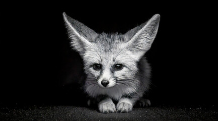 Obraz premium An elegant black and white shot of cute fennec foxo in a dark setting