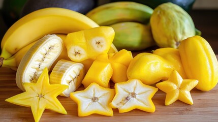 Colorful Yellow Fruits Arrangement on Wooden Surface