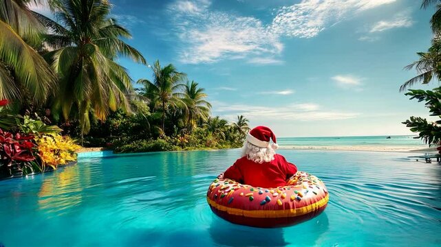 Santa Claus floating on a donut-shaped pool float in a tropical paradise, surrounded by palm trees enjoying a Christmas vacation under the sunny sky. Video made using Generative AI