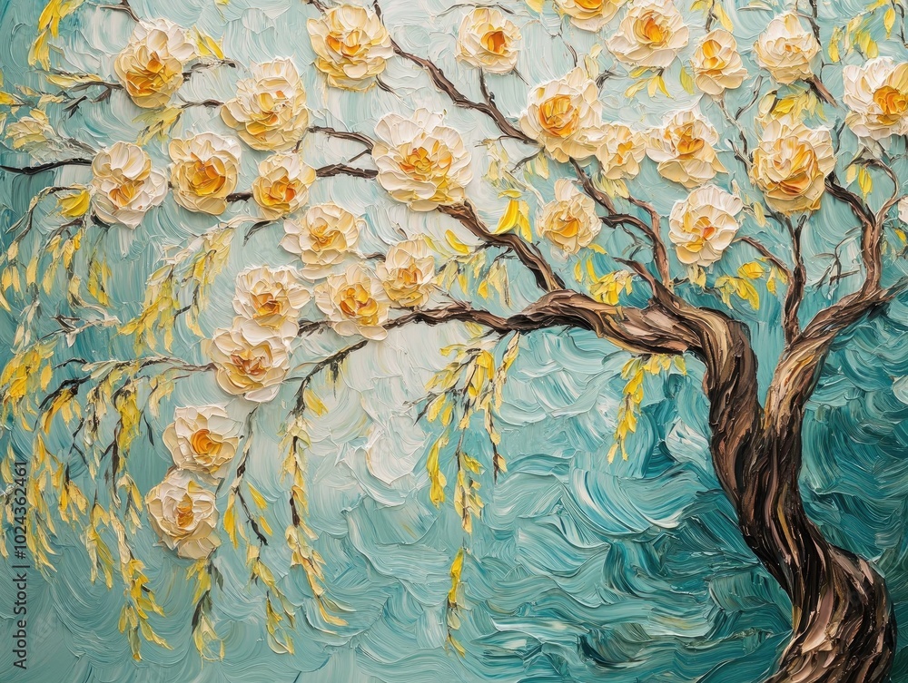 Poster artwork of a flowering tree with willow branches suitable for interior prints and mural designs