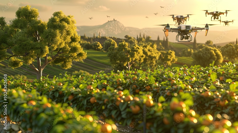 Poster Drones and sensors operate in a high-tech farm, optimizing crop health and agricultural efficiency during a sunset. Generative AI