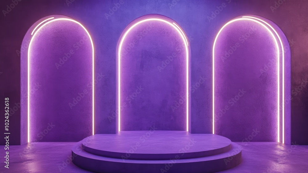 Poster 3d mock up podium set in a purple empty space featuring arches and neon lilac illumination contempor