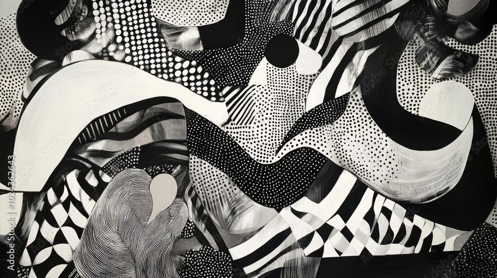Poster Abstract artwork featuring black and white patterns with imaginative elements