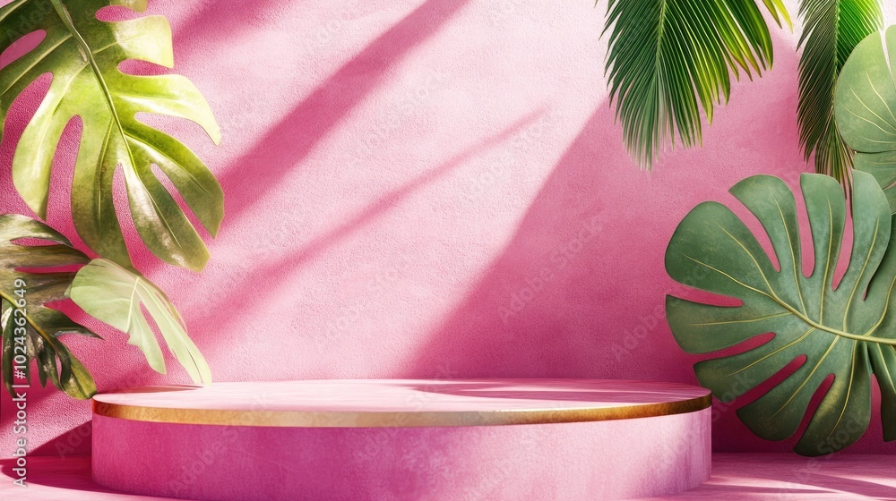 Aufkleber 3D rendering of a pink and gold platform adorned with tropical leaves in a contemporary style Minimalist geometric backdrop Mock up banner designed for social media Abstract composition featuring