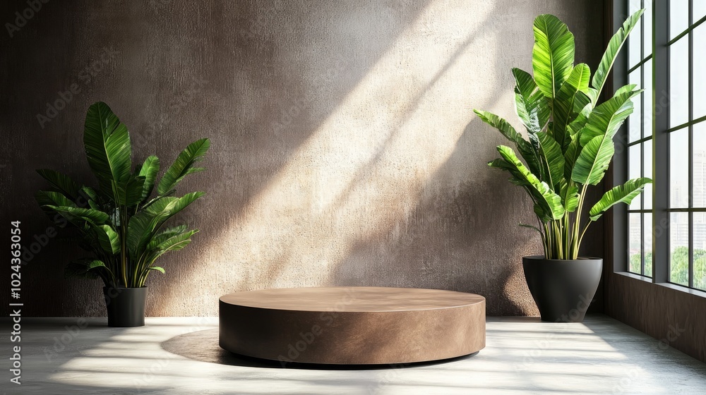 Aufkleber Brown display podium in a well lit room with a window background 3D rendering