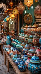 Fototapeta premium Souvenirs on the market. old Arabic bazaar shopping in outdoor market. Crowded
