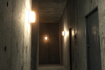 Obraz premium Mysterious concrete hallway illuminated by soft lights during a quiet evening