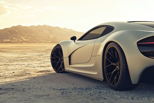 A sleek white supercar parked on a desolate desert landscape during sunset