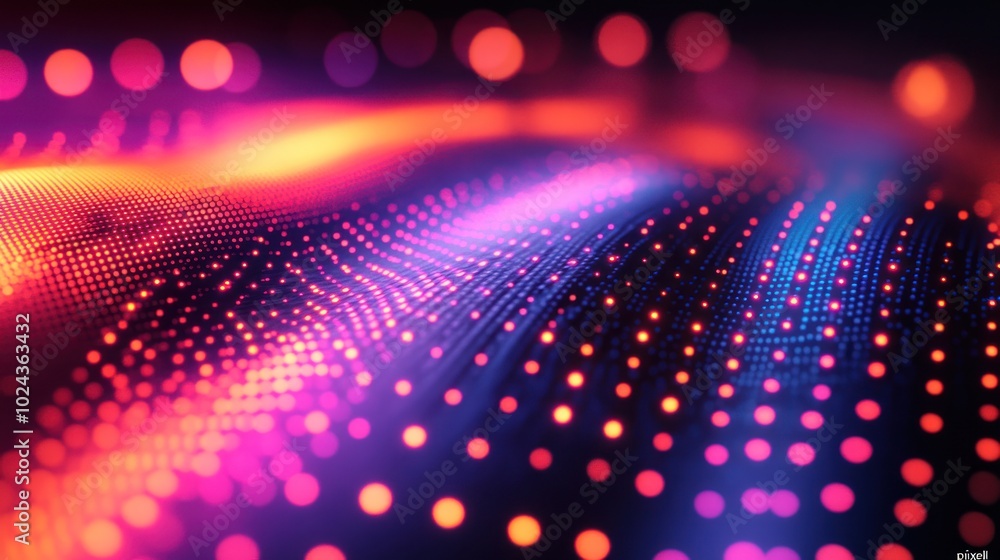 Poster abstract background of colorful glowing dots and particles.