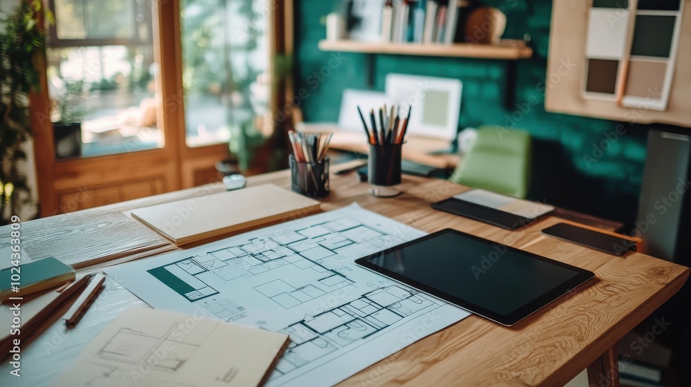 Poster architect's desk with blueprints and design tools