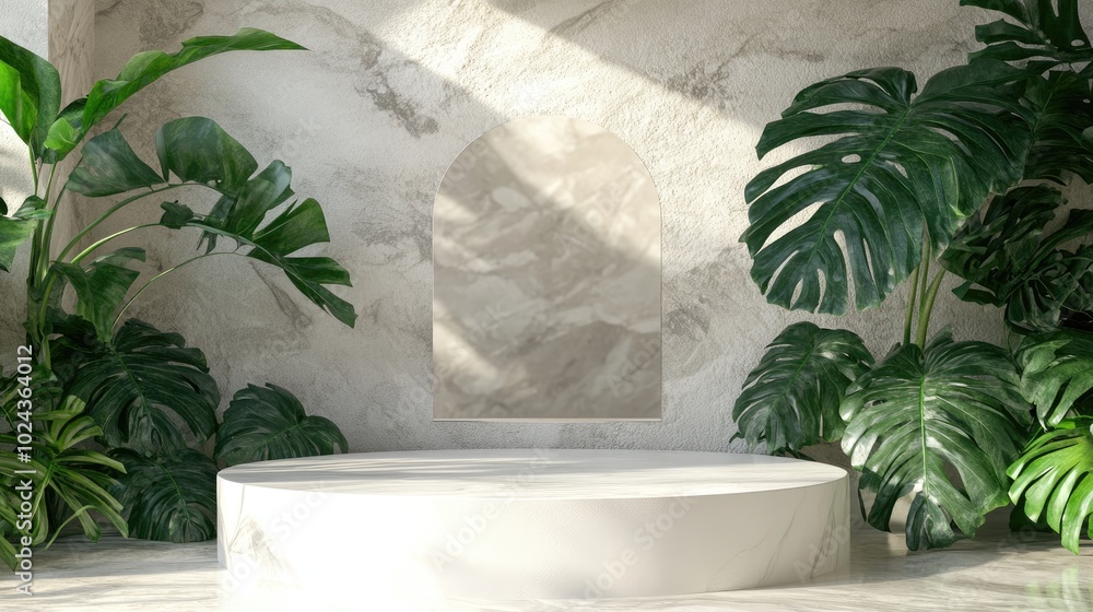 Poster 3D render of an empty white round product display with a mirrored glass shower screen and a lush green monstera plant Natural beauty theme backdrop mock up bathroom podium