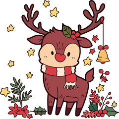 Christmas cartoon, hand drawn cute Christmas card elements