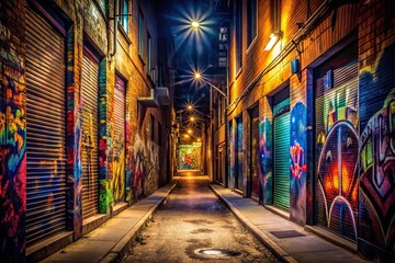Fototapeta premium Symmetrical dimly lit alleyway with colorful graffiti at night