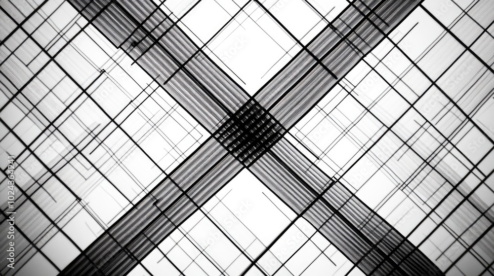 Leinwandbilder Abstract cross line grid pattern featuring regular diagonal lines that create an X shape with intersecting lines and corners showcasing a geometric design in black and white