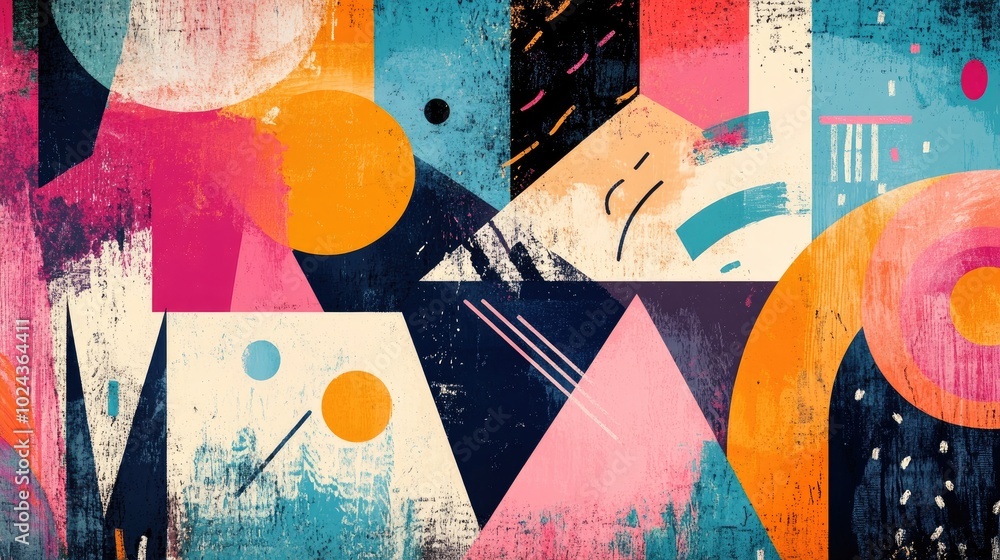 Poster colorful abstract grunge painting featuring rough hand drawn geometric shapes and line art ideal for
