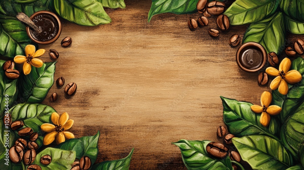 Poster Coffee themed backdrop showcasing coffee beans and leaves ideal for crafting customized designs in a rustic atmosphere
