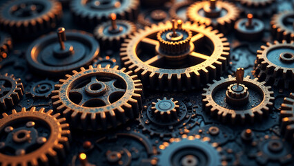 Gears and teeth in a dynamic arrangement, illuminated by warm light, showcasing mechanical beauty and innovation.