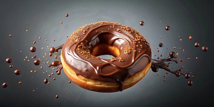 Symmetrical doughnut with splashes of chocolate glaze on gray background