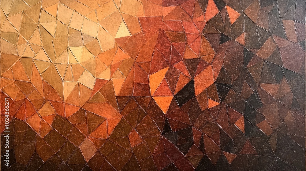 Poster abstract mosaic painting featuring a multi color gradient geometric design on a blended brown and or