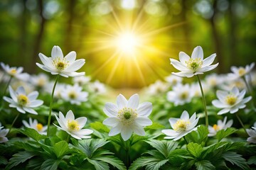 Symmetrical enchanting white flowers in green leaves natural scenery