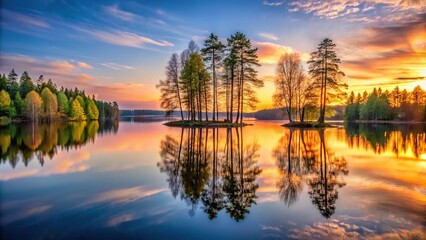 Obraz premium Symmetrical evening landscape of trees and lake at sunset in Finnish nature in spring