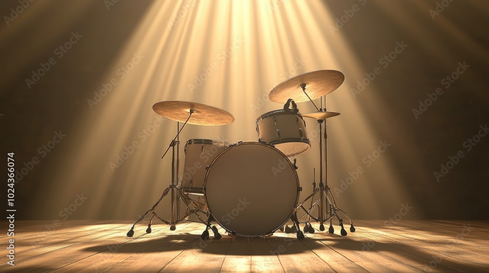Poster dynamic drum set on stage with gleaming cymbals