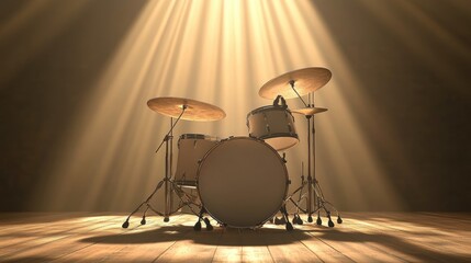 Dynamic Drum Set on Stage with Gleaming Cymbals