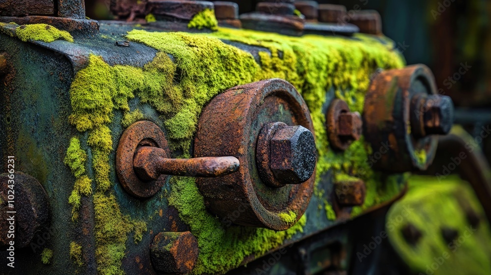 Poster close up image of an aged abandoned machine featuring a colorful moss covered metal surface and rust