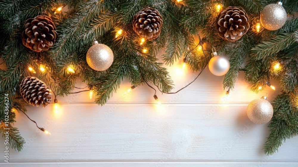 Poster christmas light balls fir tree branches and cones arranged on a white wooden surface viewed from abo