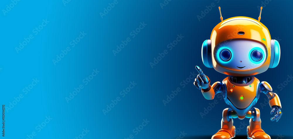 Poster closeup of a cute adorable blue and orange robot with a sleek design pointing enthusiastically an em