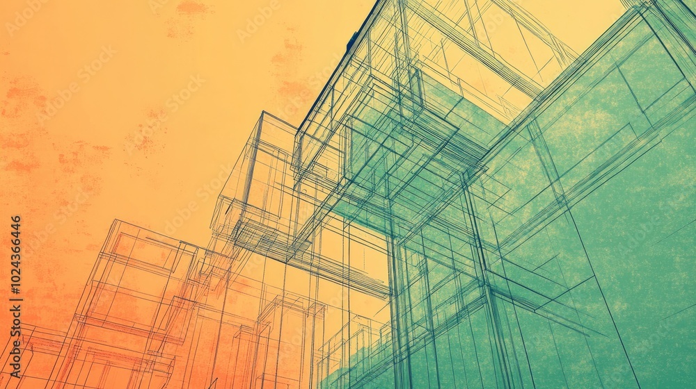 Poster Abstract Geometric 3D Architecture Header With Linear Design Elements Architectural Wireframe And Blueprint Drawing And Sketch With Retro Aged Look In Orange And Green Colors