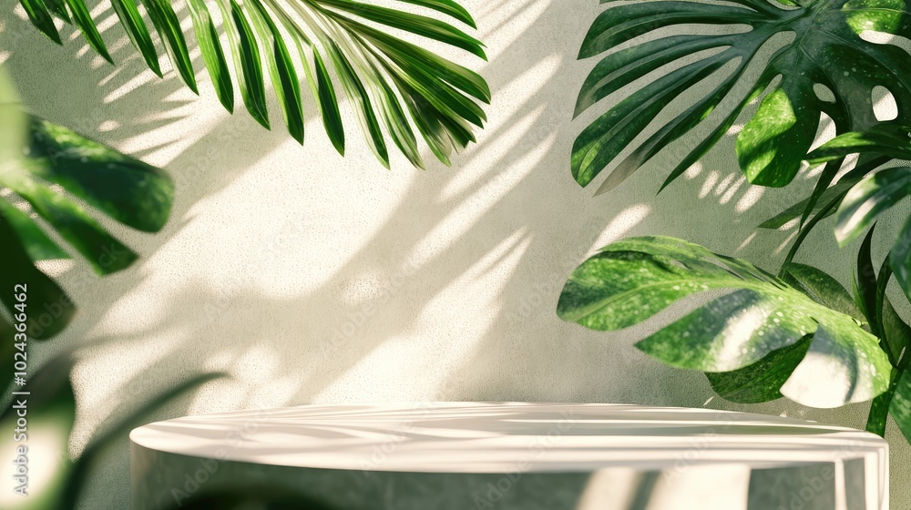 Aufkleber 3D render of a podium display against a light pastel background featuring shadows cast by lush green tropical leaves This abstract organic setting is ideal for promoting wellness products spa trea