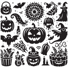 Halloween-themed clip art featuring pumpkins, ghosts, bats, and spooky decorations