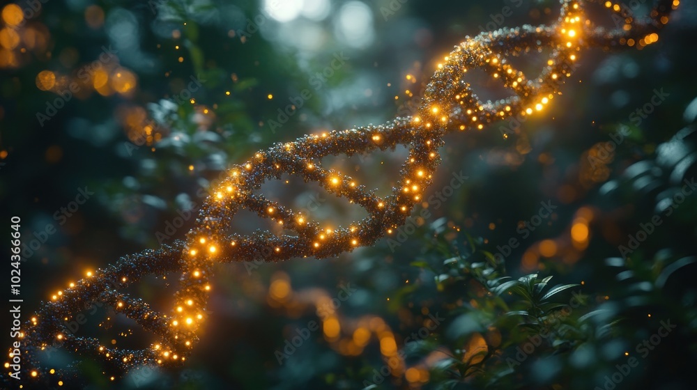 Poster a glowing dna double helix structure on a green and blurry background, surrounded by sparkling parti