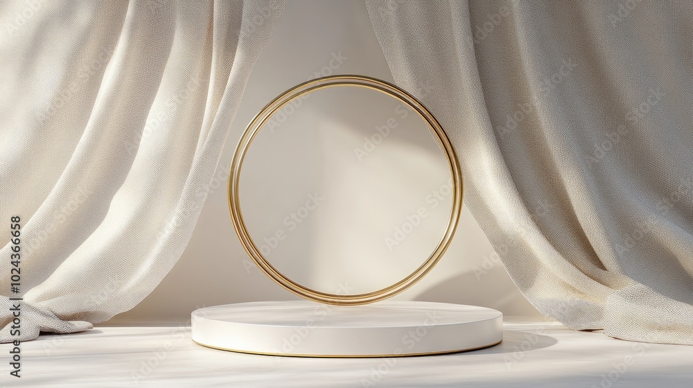 Poster 3D rendering of a minimal product display featuring a circular podium with gold accents on textured fabric suitable for luxury cosmetic product photography from an overhead perspective