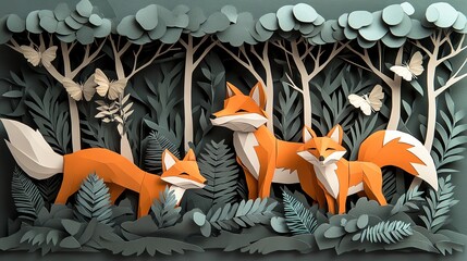 Paper cut origami foxes in a forest scene, arranged for a whimsical, natureinspired decoration, paper cut fox, origami nature craft
