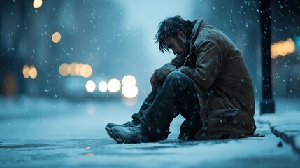 Grieving homeless man sitting on an icy sidewalk, snowflakes sticking to his hair, winter coat torn and weathered