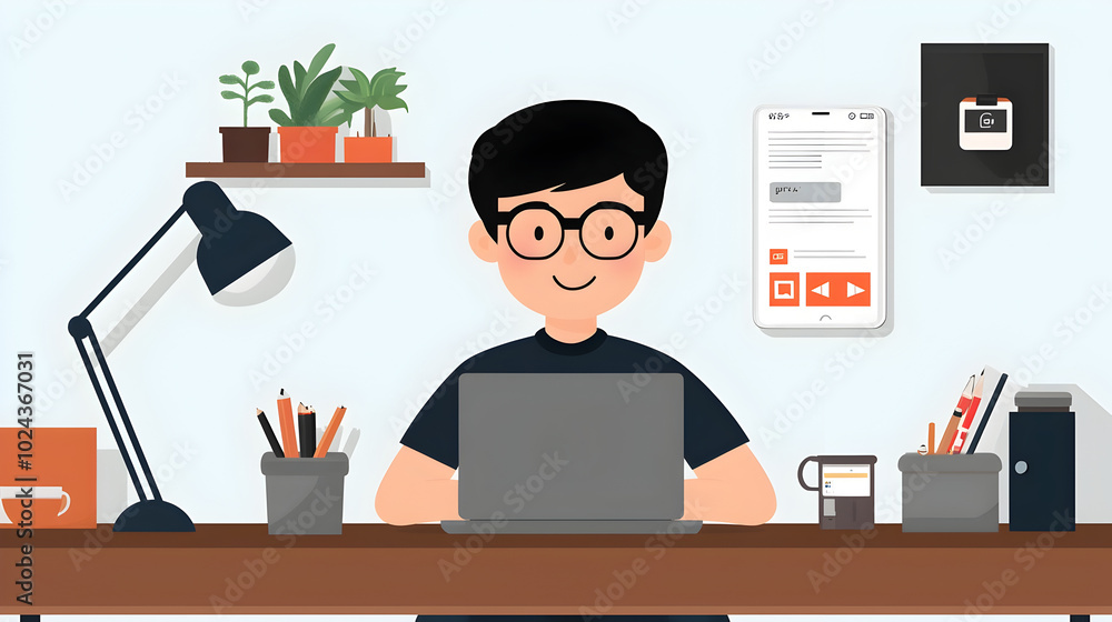 Poster flat design of a tech entrepreneur working on developing a new mobile or web application for busines