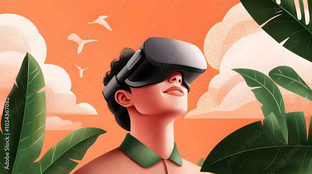 Poster flat design showcasing a virtual reality headset and the concept of an immersive tech experience the