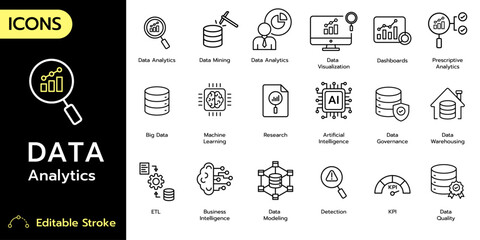 Data Analytics line icon set. Containing Analytics,  Data, Data Visualization icons. icons vector collection.	
