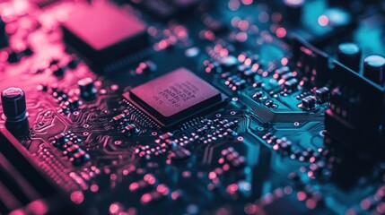 Close-up of a Circuit Board with Pink and Blue Lighting