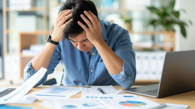 Focused businessman at desk with financial documents and laptop displaying earnings reports, conveying determination and attention to financial data analysis.