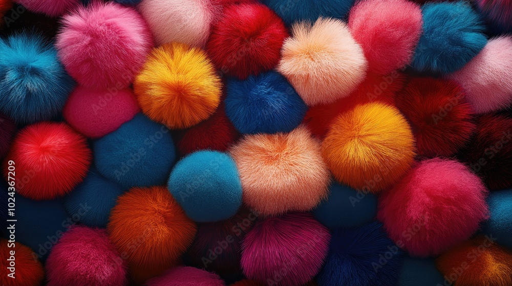 Poster colorful soft pompons and fuzzy fur balls arranged against a dark backdrop