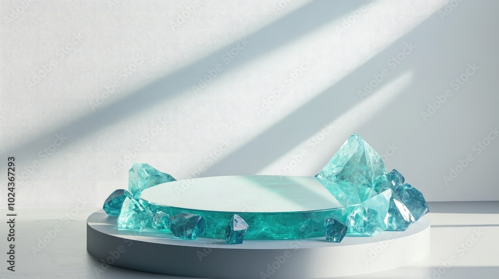 Poster 3d render of an abstract podium on a white background pedestal made of gemstones for displaying prod