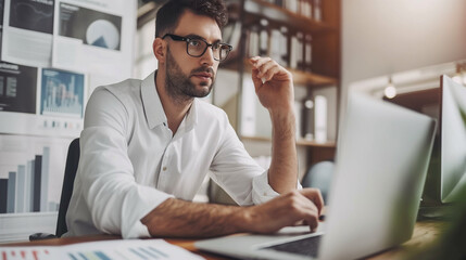 Obraz premium Focused businessman at desk with financial documents and laptop displaying earnings reports, conveying determination and attention to financial data analysis.